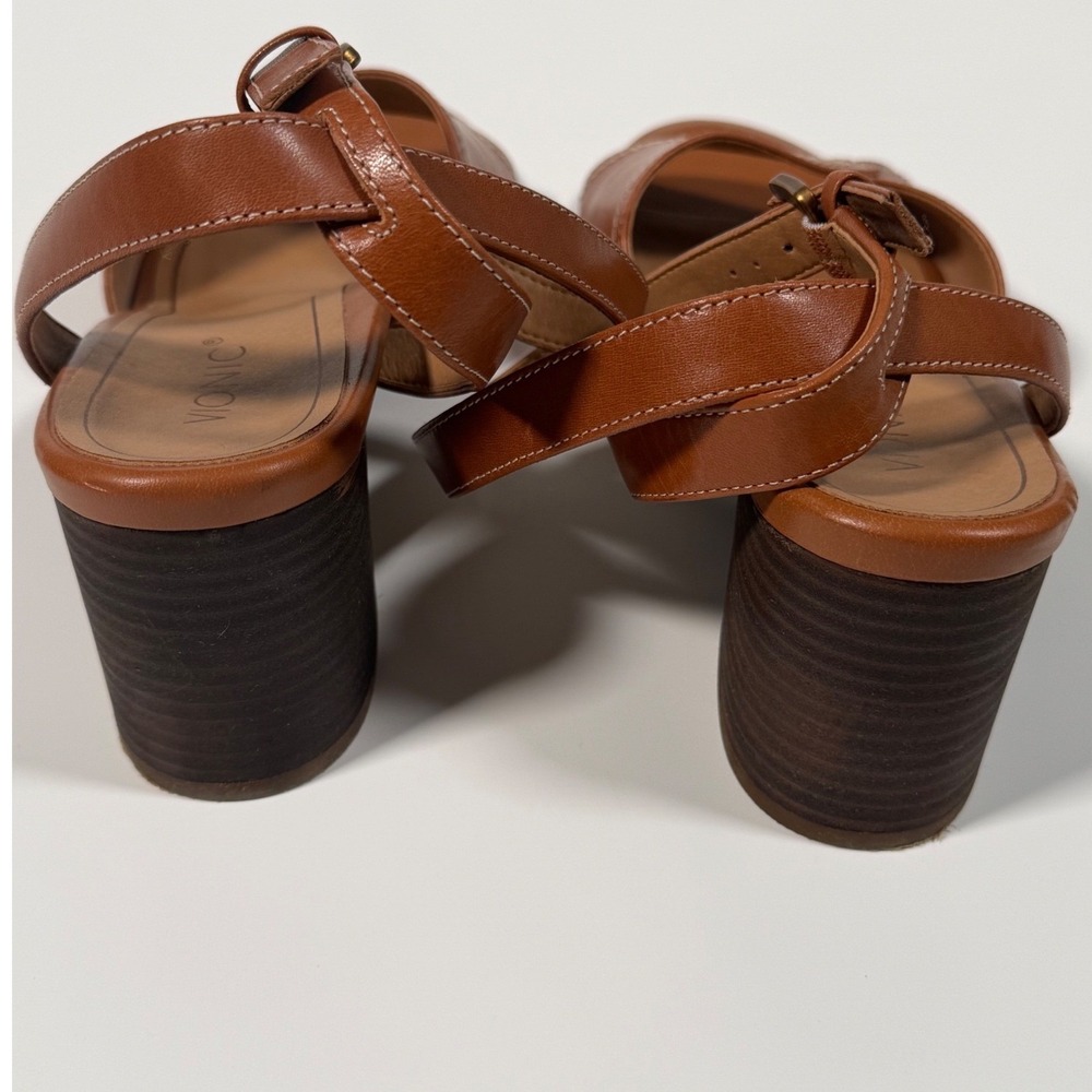 Vionic Tan Leather Block Heel Sandals Ankle Strap Boho Minimalist Brown Women 10 - Picture 7 of 9